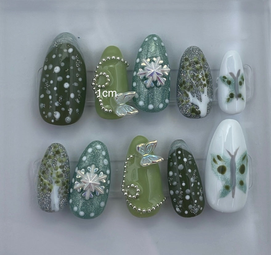 Green snow press on nails