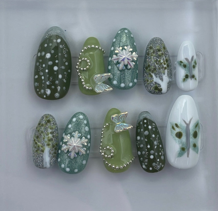Green snow press on nails
