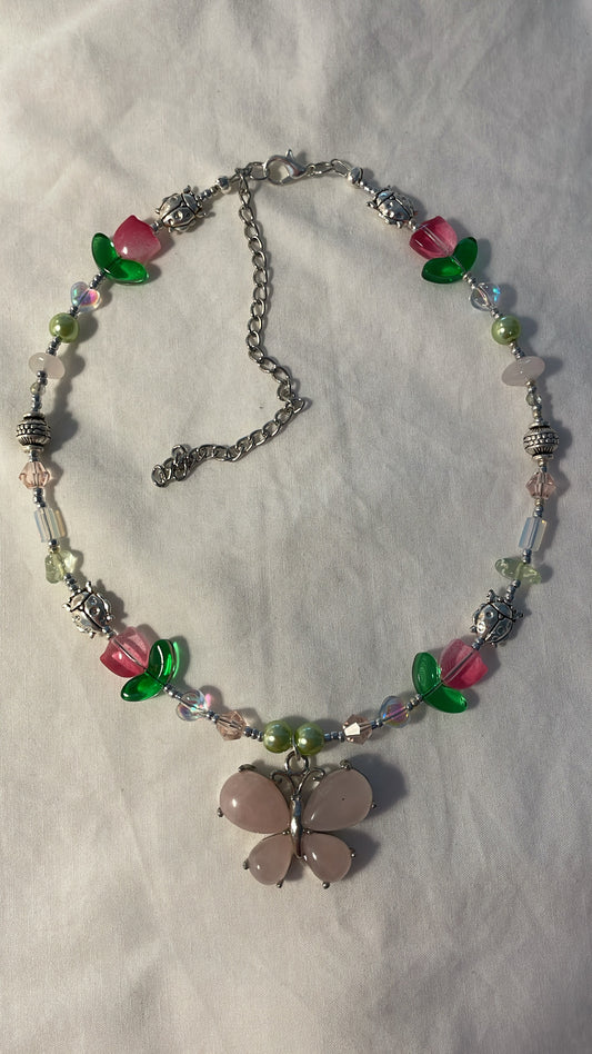 Flutter in the tulips (rose quartz) necklace