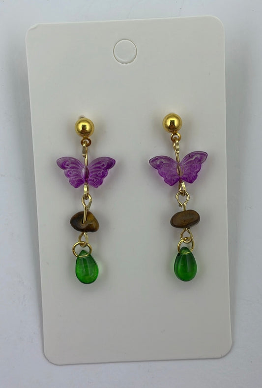 Tigereye purple butterfly earrings