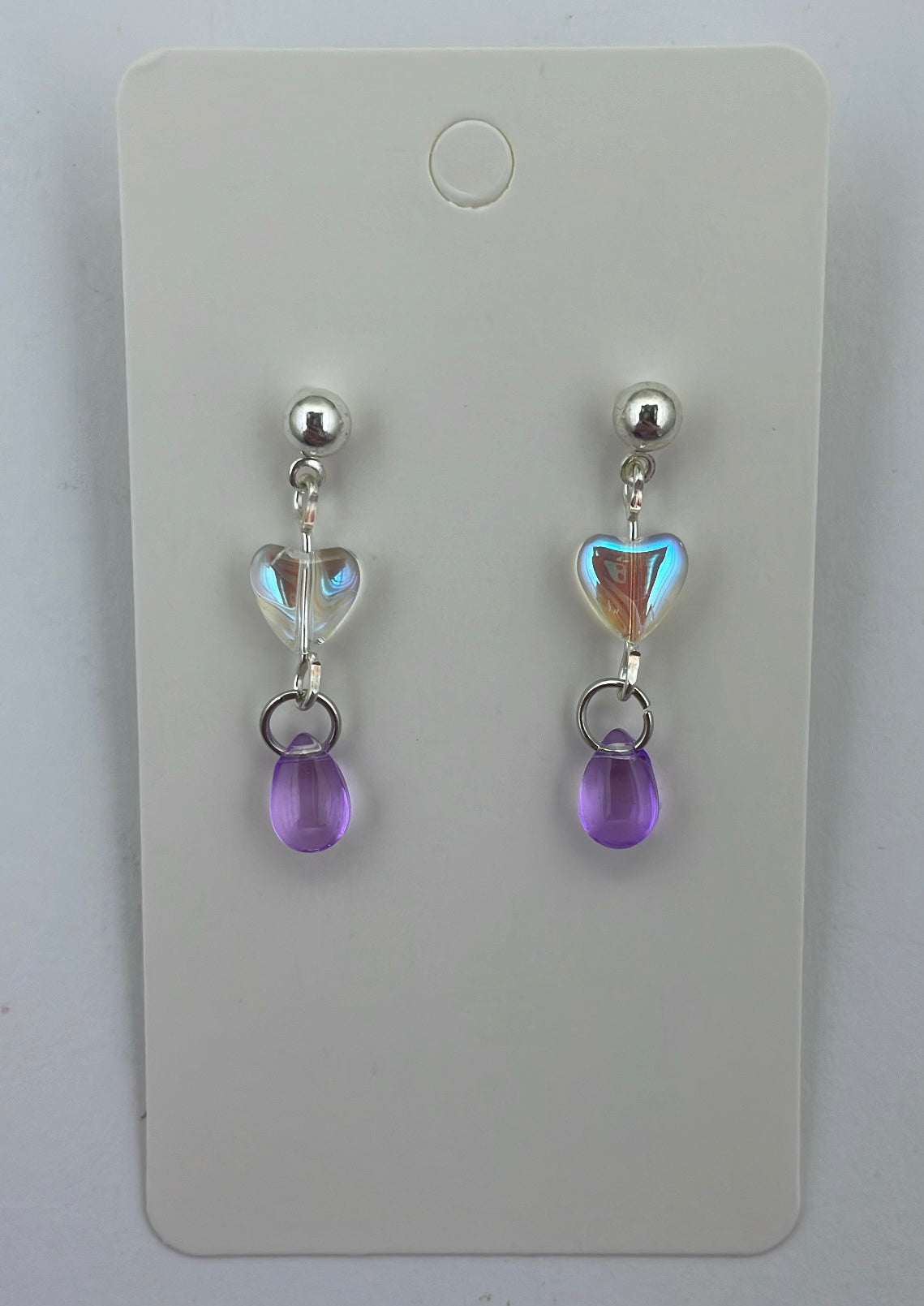 Iridescent heart and purple droplet earrings