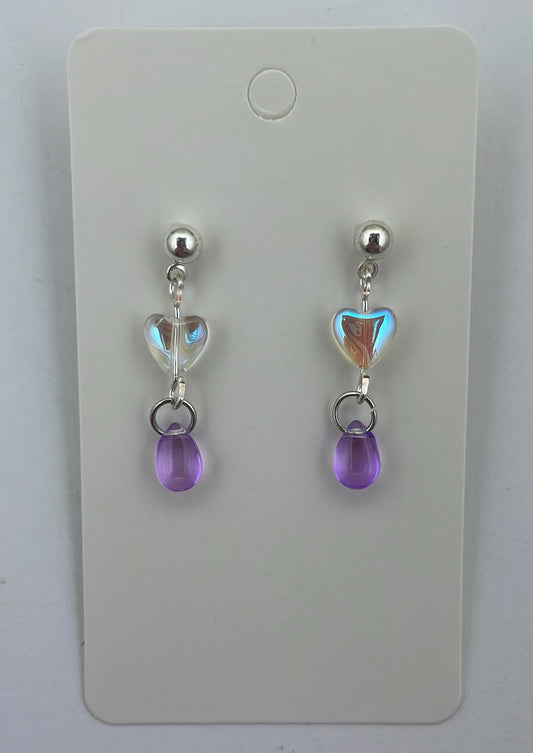 Iridescent heart and purple droplet earrings